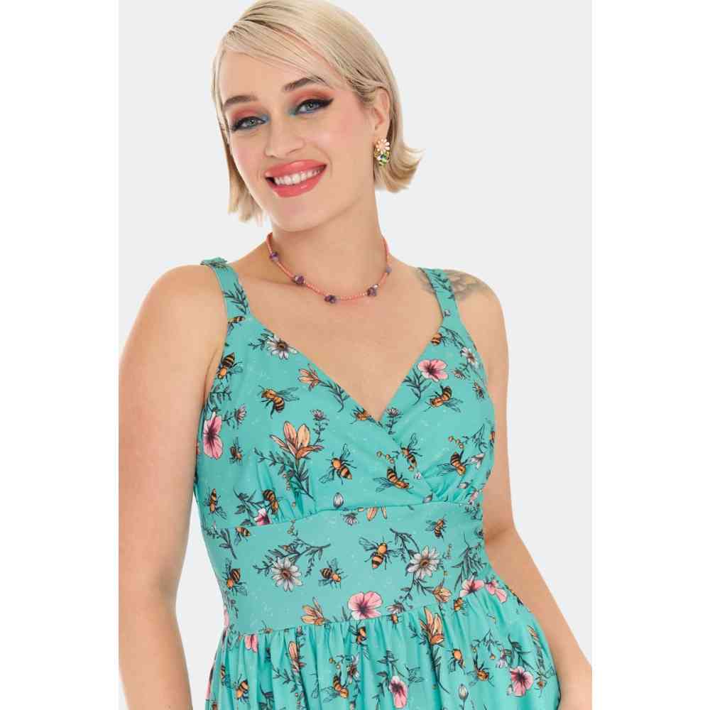 Voodoo Vixen - Floral Bee Print Summer Flare Kleid - Blau